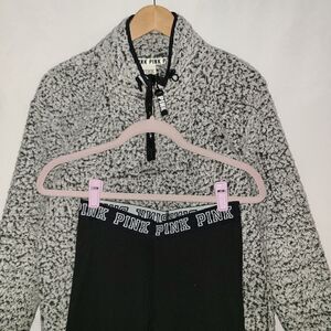 Pink Victoria's Secret 1/4 Zip Sherpa Gray Sweater Size XS / Black Leggings Size